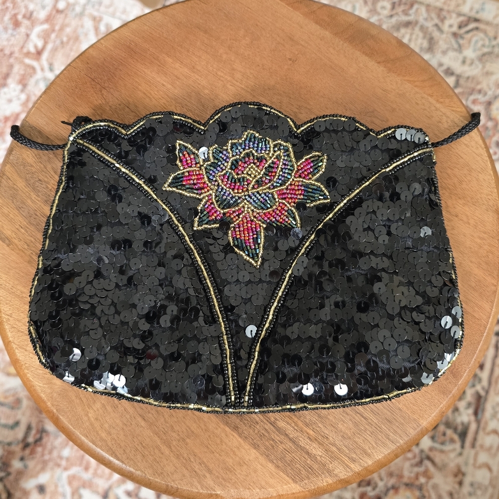VINTAGE La Regale Black Sequin and Beaded Handbag with Floral Design